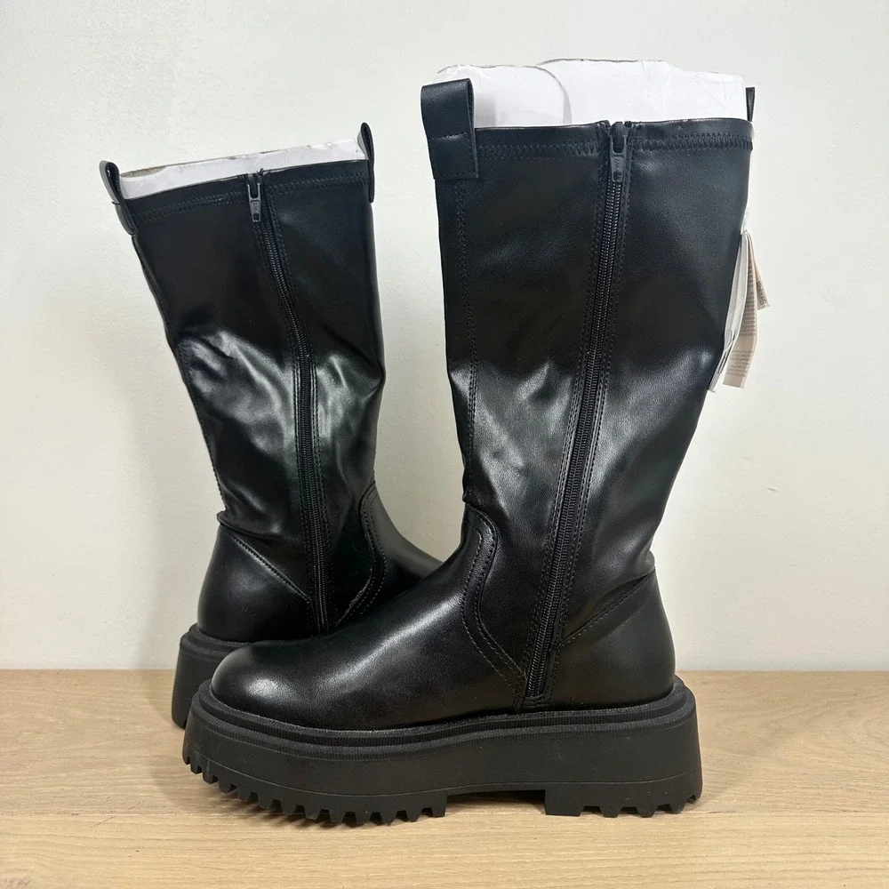 NWT Zara Boots Kids 2 Black Mid Calf Chunky Platform Lug Sole Moto Combat
